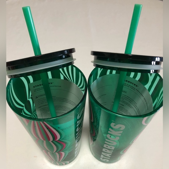 Starbucks (2) NEW Green and Pink Patterned Stripe Ornaments Tumblers.Size 18oz. - Picture 3 of 7